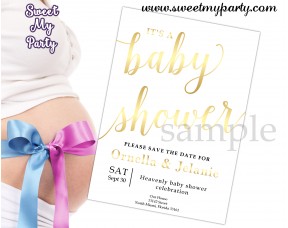 Gold Baby Shower Invitation,Gender Baby Shower Invitation, (007bbg)
